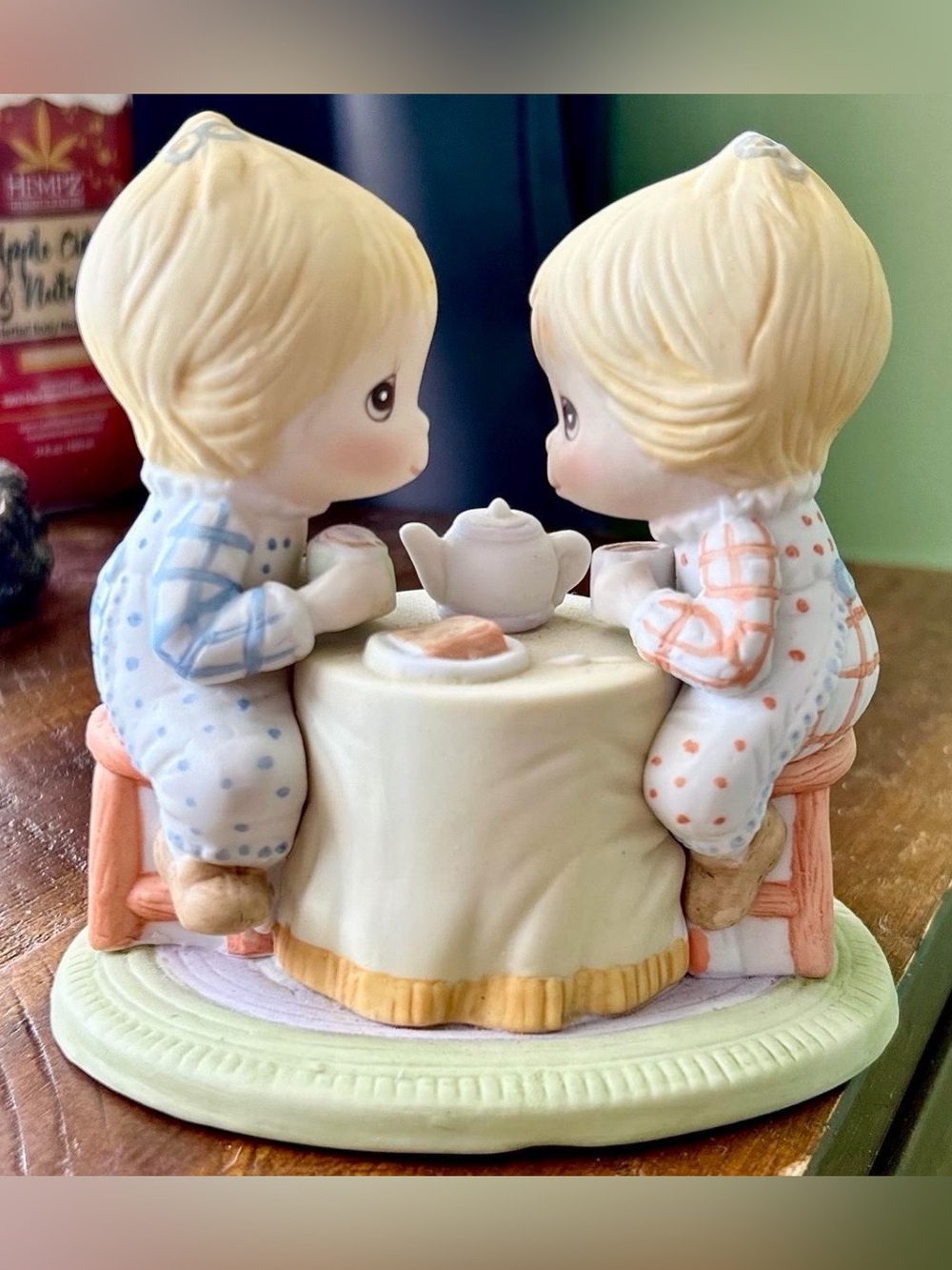 Vintage Porcelain Tea Time Figurine with Girl & Boy in Blue & Peach Pajamas